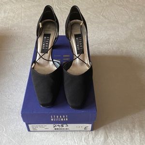 Stuart Weitzman black 3” silk heels with rhinestone strap